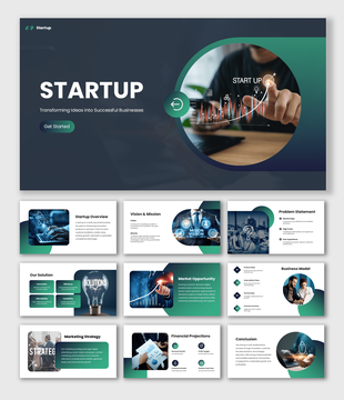 Startup PowerPoint Template with blue-green layouts, circular images, business strategy, and growth slides.