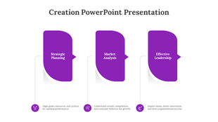 Purple infographic slide highlighting strategic planning, market analysis, and effective leadership with corresponding icons.