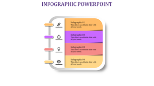 Infographic PowerPoint template featuring four sections with colored blocks and icons representing different concepts.