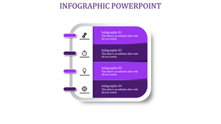 Spiral bound infographic with four horizontal purple banners linked to vertical icons, illustrating sequential steps.