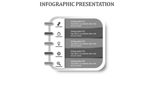 Notebook themed infographic with five grey horizontal segments, each containing an icon and placeholder text.