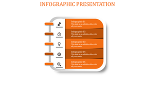 Infographic PowerPoint template with five sections in orange, including icons for each section.