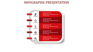 Red infographic layout with five stacked sections and icons on the left, and a notebook style design on a white background.