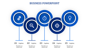 Modern infographic with five blue circular icons representing different business concepts, arranged in a horizontal layout.
