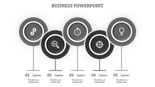 Business slide design showing five gray circular icons with corresponding captions connected by vertical lines.