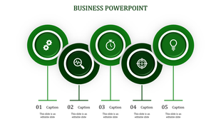 Business PowerPoint template with five green circular icons, each representing a different business concept with captions.