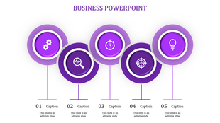 Circular business infographic with five purple icons, each linked to a numbered caption, illustrating a sequential process.