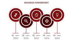 Horizontal infographic with five circular red graphics and captions for business related content on a white backdrop.