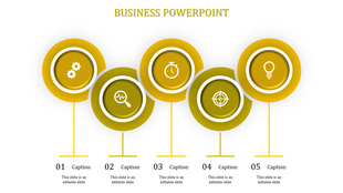 Business PowerPoint template with five yellow circular icons, each representing a different business concept with captions.