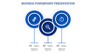 Business themed infographic with three blue circular elements, each with an icon and connected to text descriptions below.
