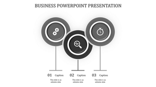 Business PPT slide with three icons representing settings, analysis, and time management, accompanied by captions.
