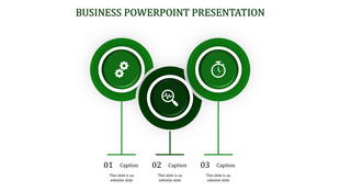 Modern business slide with three green circular nodes, each displaying an icon and connected captions below.