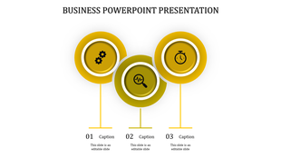 Business PowerPoint slide featuring three yellow icons for settings, magnifying glass, and timer, with captions.