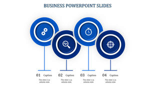 Modern business slide with four blue circular nodes, each displaying an icon and connected captions below.