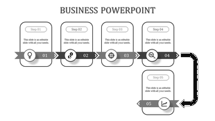 Stepwise business template featuring grayscale ribbons, icons, and connecting arrows for five stages.