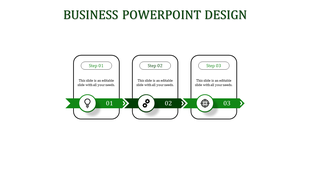 Three step business slide with green banners, featuring circular icons and rectangular boxes, on a clean white background.