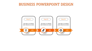 Three step with orange themed business PowerPoint design showcasing process flow with icons and descriptive text.