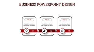 Stepwise business template featuring red ribbons, icons, and connecting arrows for three stages in white backdrop.