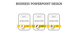 Three step process chart with yellow banners, featuring circular icons and rectangular text placeholders on a white canvas.