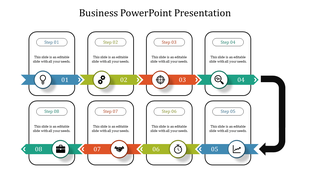 Eight step infographic layout with text boxes and colorful arrows connecting circular icons on a white background.