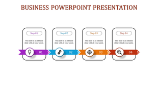 Stepwise business template featuring numbered ribbons colour coded and icons for four stages placed in white backdrop.