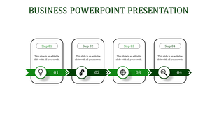 Green themed business slide with four numbered steps in ribbon banners and icons placed in white backdrop.