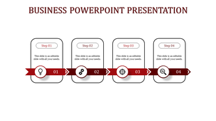 Professional business PowerPoint slide design featuring maroon arrows and icons illustrating a four step process.