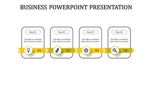 Stepwise business presentation with yellow ribbons, icons, and connecting arrows for four stages.