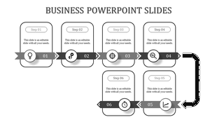 Stepwise business presentation with monochrome ribbons, icons, and connecting arrows for six stages.