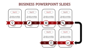 Horizontal step diagram with six outlined rectangles, connected by red banners and arrows, on a white background.