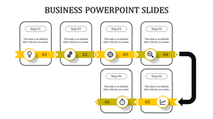 Sequential process slide feauring six steps with yellow arrows, icons, and rectangular text boxes on a white design.