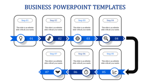 Seven stage process template in blue with arrows, icons, and numbered labels placed in white backdrop.