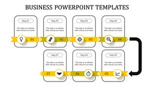 Stepwise business presentation with yellow ribbons, icons, and connecting arrows placed in a white background.