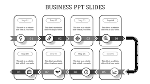 Stepwise business presentation with monochrome ribbons, icons, and connecting arrows for eight stages.