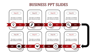 Infographic layout with eight numbered steps connected by red arrows, featuring icons and text boxes on a white background.