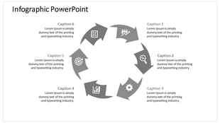 Circular infographic with six gray curved arrows forming a cycle, each containing icons from strategy and success.