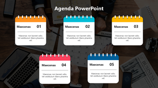 Vibrant agenda placeholders in flip calendar design numbered 01 to 05 with a business themed background.