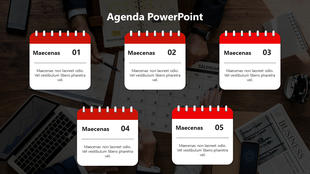 Red agenda placeholders in flip calendar design numbered 01 to 05 with a business meeting background.