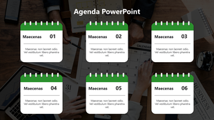 Agenda slide featuring six green calendar cards, arranged in two rows on a desk with a blurred office backdrop.