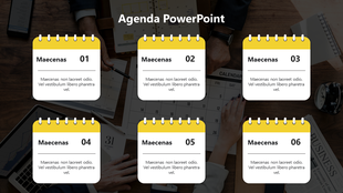 Yellow and white calendar style agenda layout with six cards placed on a workspace background with documents.