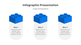 Three identical blue Lego blocks infographic with rounded text sections below placed with caption areas.
