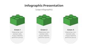 Infographic slide with three Lego style blocks labeled 3 green each with placeholder descriptive text.