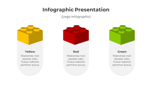 Infographic slide showcasing yellow, red, and green Lego style blocks with corresponding descriptive text below each block.