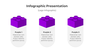 Infographic with three purple lego block shapes, each placed above a rounded white text container.