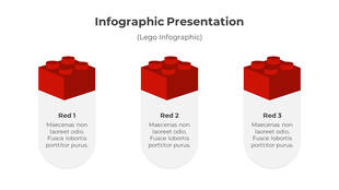 Infographic slide with three Lego style blocks labeled 3 red each with placeholder descriptive text.