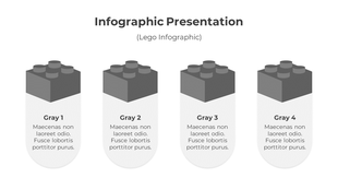 Four gray lego inspired blocks displayed in a row, each paired with a white text box for details.