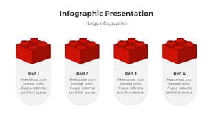Four step Lego infographic using red blocks labeled sequentially with descriptions placed with placeholder text areas.
