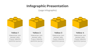 Horizontal layout of four 3D yellow lego blocks with white rounded text sections below.