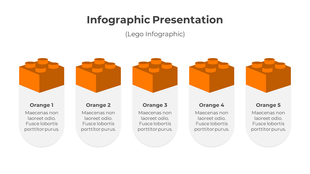 Five identical orange Lego blocks infographic with rounded text sections below placed in white backdrop.
