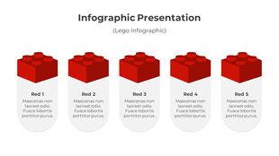 Infographic PPT slide with five Lego blocks labeled Red 1 to Red 5, each with placeholder text below.